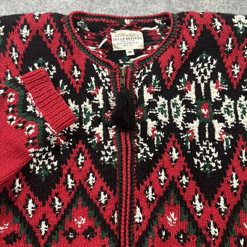 Vtg Susan Bristol Cardigan Sweater Womens Medium Red Black Hand Knit 1995